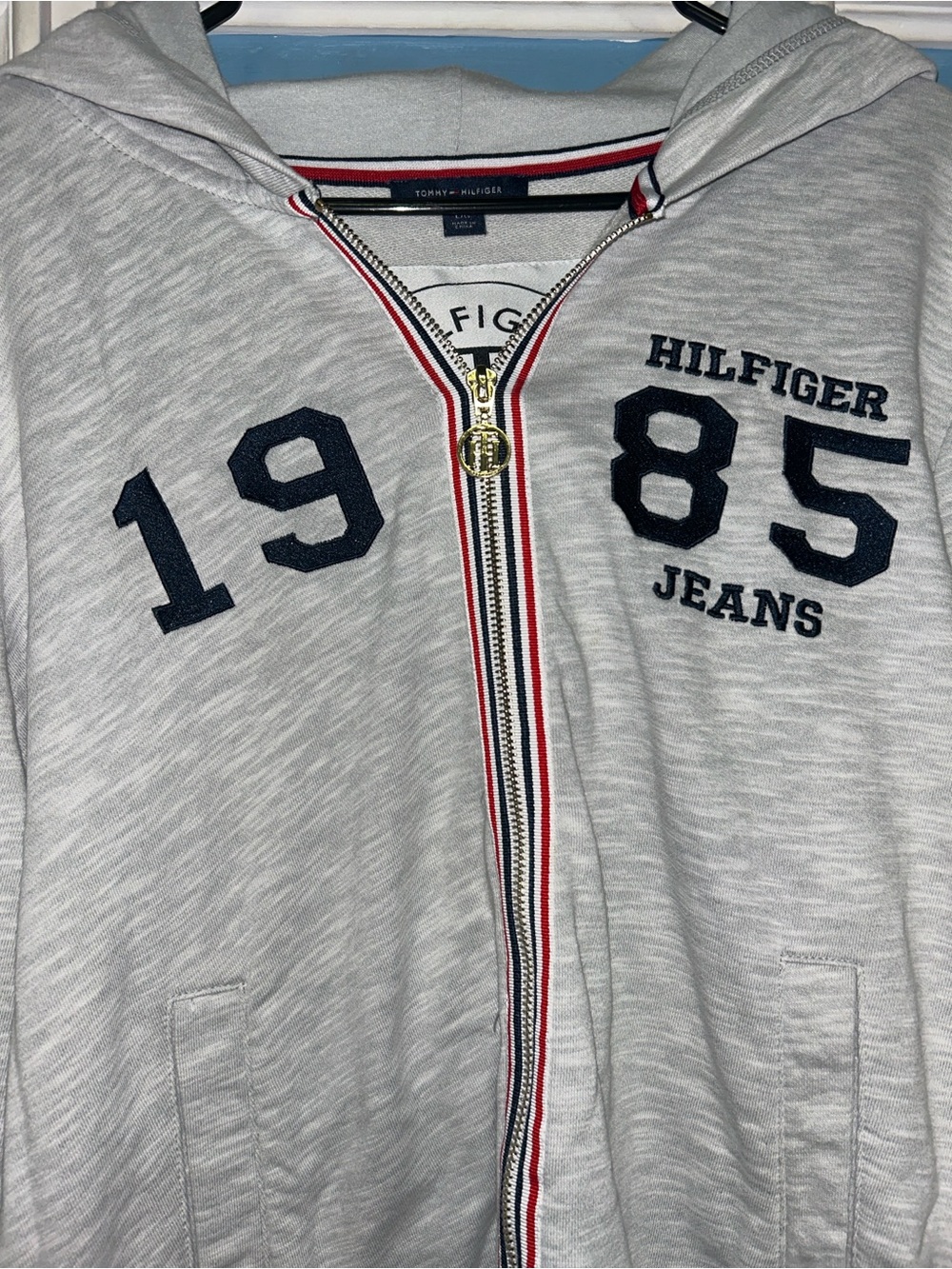Tommy Hilfiger Light Gray Hoodie with Navy Numbering and Red-White-Blue Trim - Picture 2 of 8